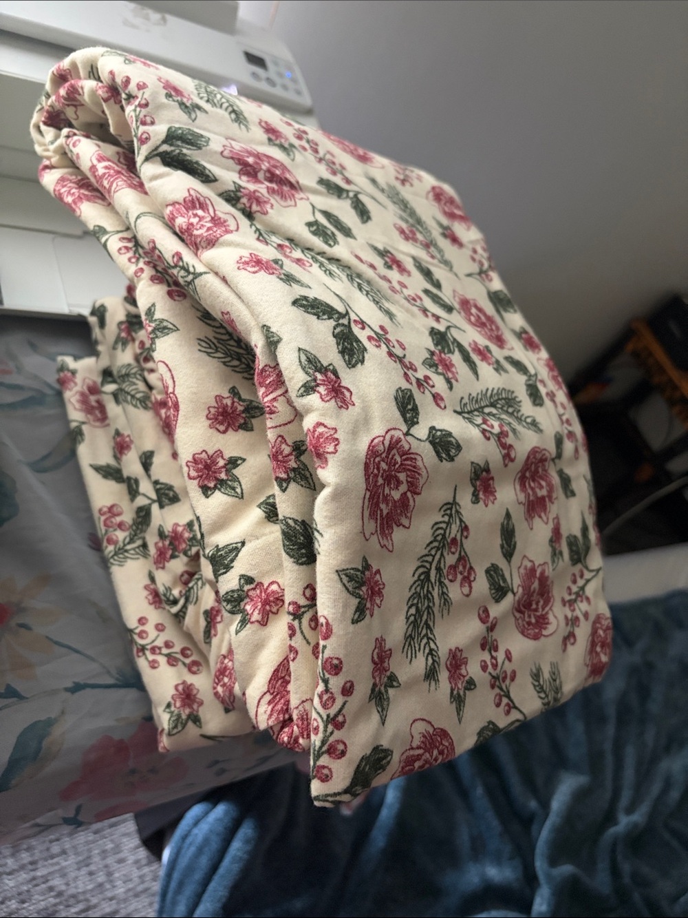 Floral Print Cotton Quilt - Cream with Pink & Green Floral Pattern